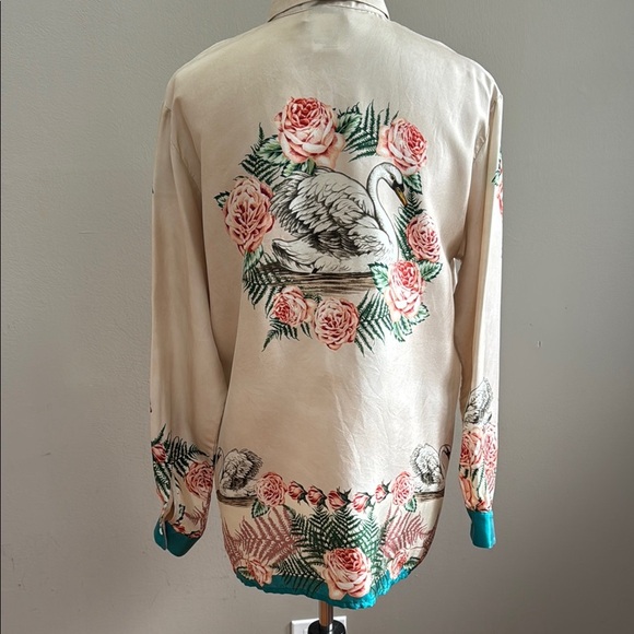 Paul & Joe Silk Vintage Floral Goose Print Button-Up Shirt Green Accents Size 3 - Picture 10 of 15